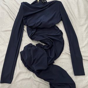 Square Shoulders Navy Blue Maxi Dress